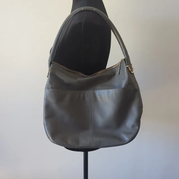 Gray Soft Leather Hobo Bag with Red Lining - Picture 1 of 11